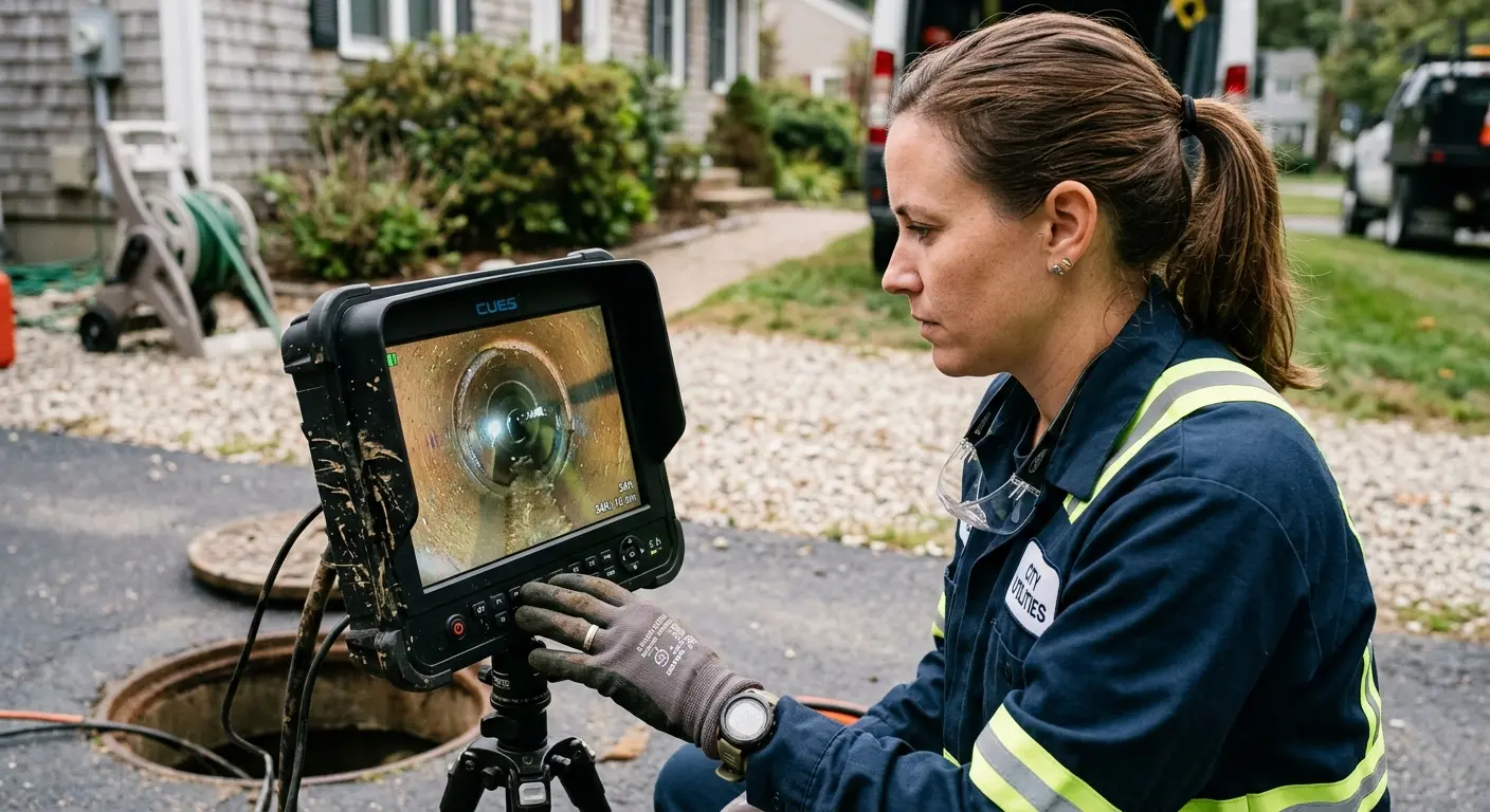 Technician reviewing sewer camera inspection footage in Riverview