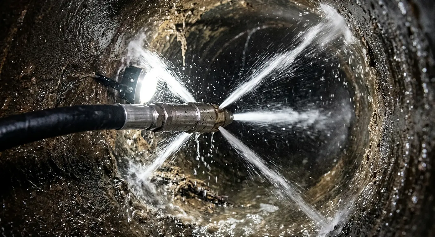 High-pressure hydro jetting nozzle cleaning sewer pipe for Trenchless Sewer Repair in Riverview