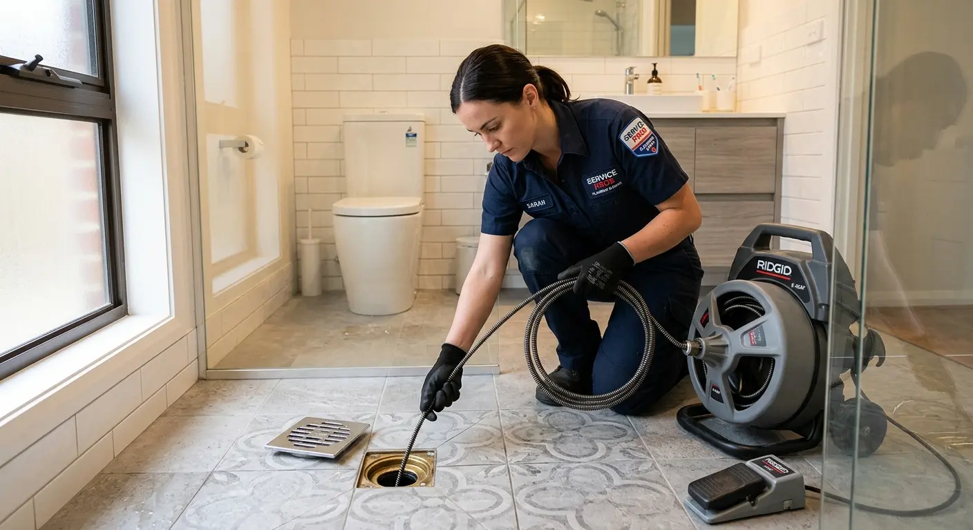 Technician clearing a bathroom floor drain for Sewer Line Installation in Riverview
